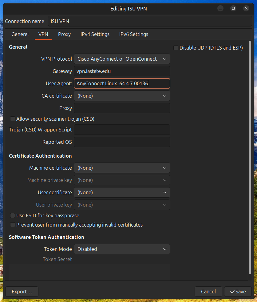 VPN connection properties
